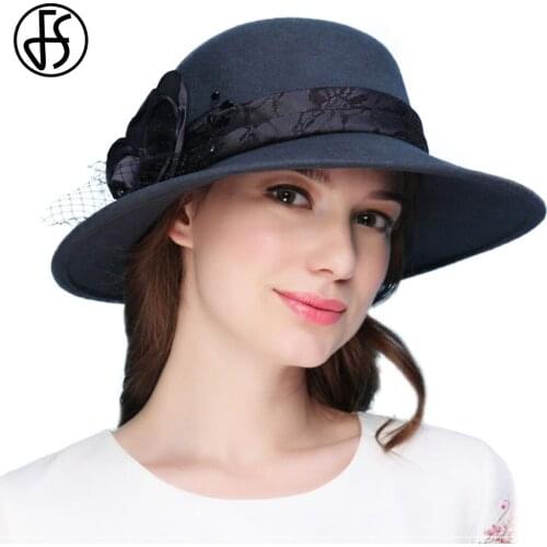 FS Winter 100% Wool Felt Wide Brim Fedora For Women Elegant Church Dresses Hats With Handmade Silk Flower Sombrero Blanco Mujer