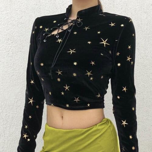 Lady Chinese Style Stand Neck Hollow Out Drawstring Long-sleeve Bodycon Blusa Top Black Goth Women Star Print Blouse 2020 Autumn