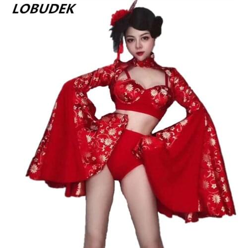 Chinese Style Women Stage Wear Vintage Printed Bikini Pagoda Sleeve Tops Outfit Nightclub Bar DJ Singer Dancer Performance Wear