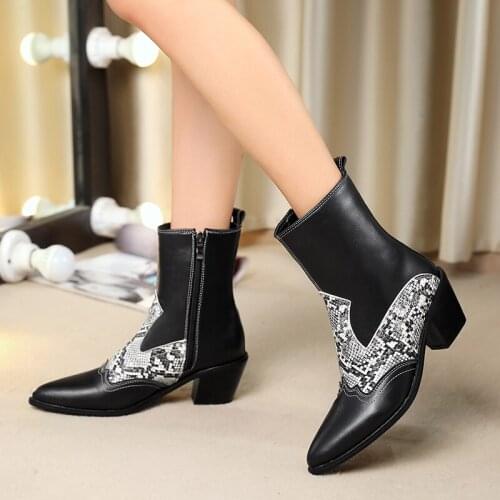 Plus Size 46 Fashion Snake Print Ankle Boots for Women Casual Square High Heels Motorcycle Boots Autumn Winter Shoes Ladies