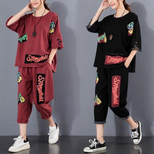 2021 2 Piece Sets Tracksuits Women Plus Size 4XL Print Short Sleeve T-shirts and Pants Suits Casual Fashion Sport Set X132