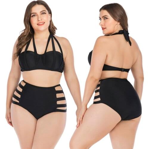 Womens Strappy Hollow Out Bikini Set Two Piece High Waisted Tummy Control Push Swimwear Plus Size Bathing Suit Solid Black