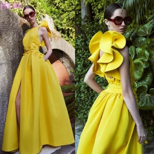 Yellow Satin 2020 New Fashion Lebanon Evening Dress Long Sash Ruffle Applique Backless A-Line Prom Dresses vestidos de gala