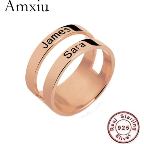 Amxiu Personalized Engrave Two Names Ring 925 Sterling Silver Ring Fashion Jewelry Customize Wide Ring For Women Men Accessories