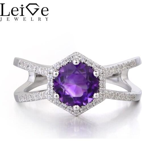 Leige Jewelry Natural Amethyst Ring Promise Rings Round Cut February Birthstone Purple Gemstone 925 Sterling Silver Ring for Her