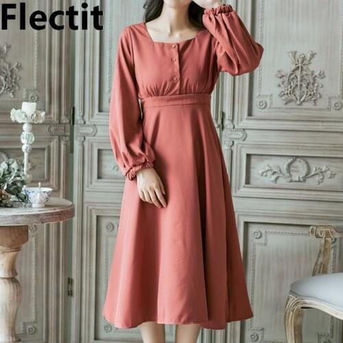 Flectit Women Long Sleeve Pleated Dress Square Neck Front Button High Waist Midi Dress Retro Elegant Feminine Dress
