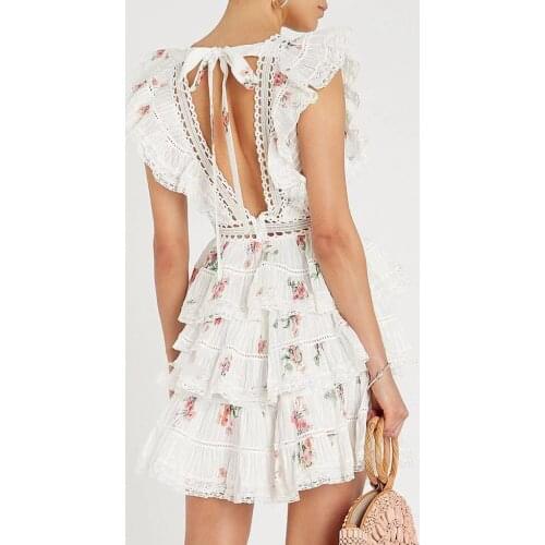 Runway Summer Womens White Ruffles Print Beach Layered Dress Sexy Lace Embroidery Hollow Out Backless Party Tank Dress Vestidos