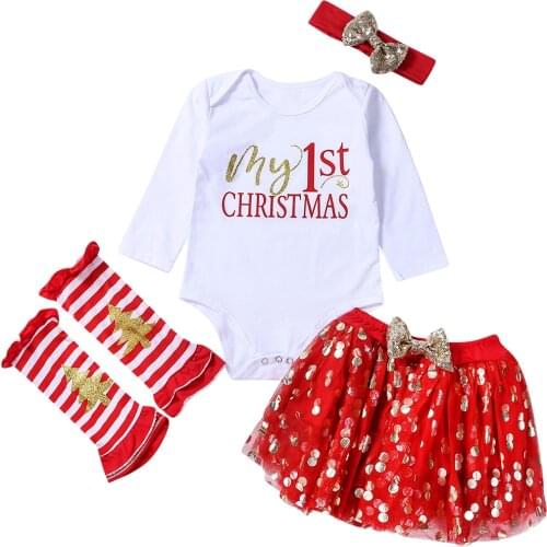 4pcs My 1st Christmas Baby Clothes Sets Newborn Girl Romper +Tutu Skirts+ Leg Warmers Xmas Outfits Costume