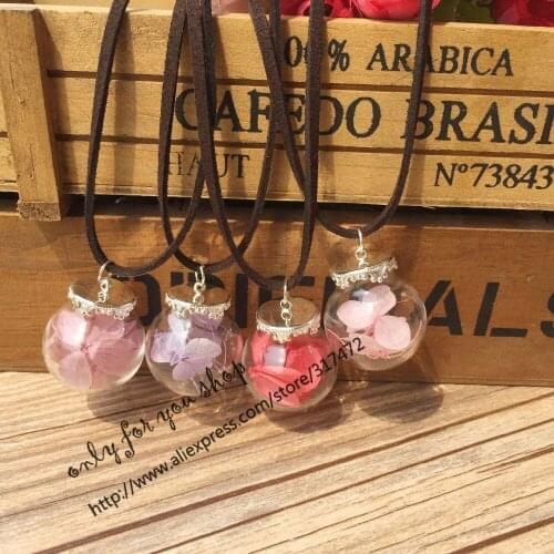10pcs Dry flower lobular hydrangea Glass orbs Leather necklace handmade NEW
