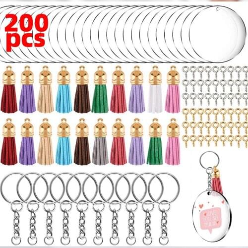 200Pc Clear Acrylic Circle Discs Keychain DIY Kit Blanks Tassel Pendant Key Ring Keychain Cute Key Chains for Women