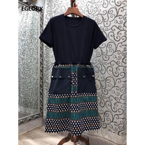 2020 Autumn Fashion Style Dress High Quality Ladies Polka Dot Print Patchwork Drawstring Waist Short Sleeve Casual Cotton Dress