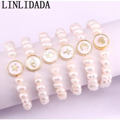 5Pcs Jewelry Handmade Natural Pearl bracelet Gold Round Shell Spacer Beads Stretch Bracelets