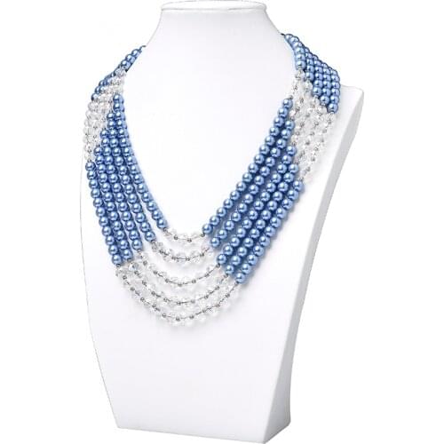 6x8mm Blue Beads with 8x10&8mm Faceted Transparent Beads Making Design 5 Rows Imitation Pearls Necklace 19inch H441