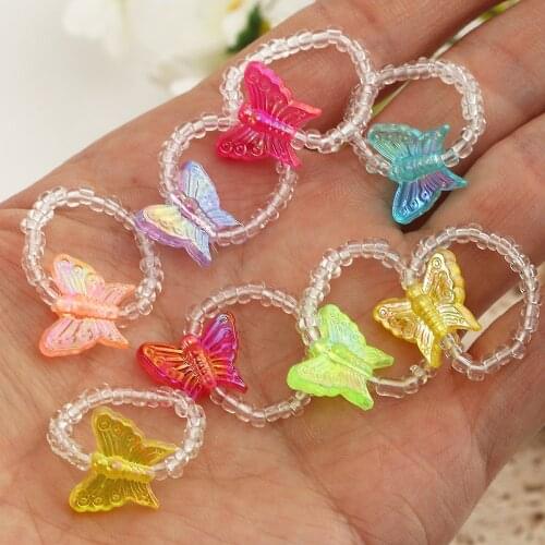 8Pcs/set Korean Cute Transparent Butterfly Resin Rings for Women Fashion Colorful Handmade Beaded Elastic Rings Jewelry Gifts
