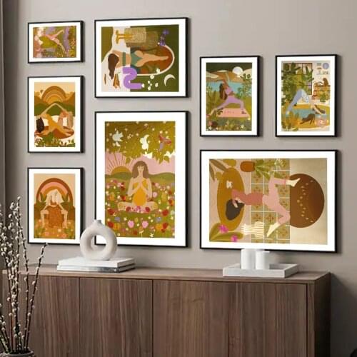 Abstract Yoga Girl Flower Leaves Bohemian Style Nordic Poster Wall Art Print Canvas Painting Wall Pictures For Living Room Decor