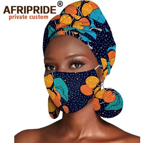 African Headwraps Earrings Print Cotton Headband Bonnet Ankara Wax Fabric Pure Cotton African Headscarf Mask Match Print A20H003