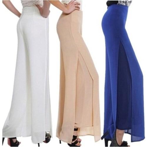 Summer New Female Wide Leg Pants Womens High Waist Double Layers Split Chiffon Pants Loose Black Elegant Dance Trousers