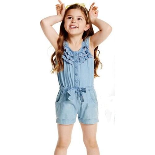 Children Toddler Kids Girl Clothing Rompers Denim Blue Cotton Washed Jeans Casual Sleeveless Bow jumpsuit Romper Clothing Girls