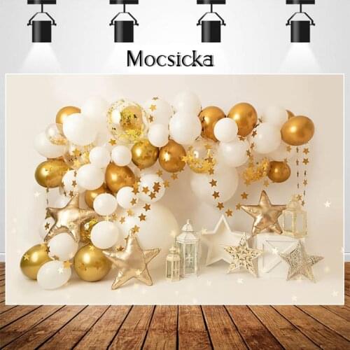 Golden White Balloon Stars Decor Photography Studio Photo Background Children 1st Birthday Cake Smash Backdrops for Photography
