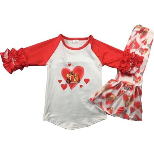 Hot selling red ruffle sleeves raglan shirt dog loving heart print bell bottom valentines set