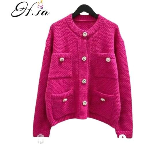 Hsa Cardigan Sweater 2021 New Autumn Korean nElegant Formal Knit Jacket Loose Outer Cardigans Sweater Coat Women pink cardigan