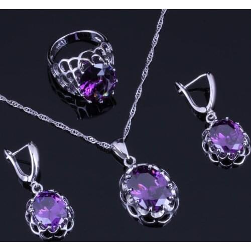 Gracious Oval Egg Purple Cubic Zirconia Silver Plated Jewelry Sets Earrings Pendant Chain Ring V0274