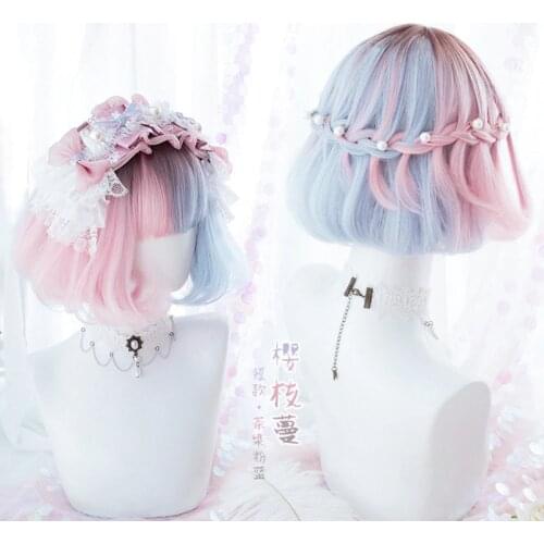 Summer Kawaii Blue Pink Ombre Short Curly BOBO Lolita Cute Harajuku Sweet Synthetic Hair Cosplay Costume Wigs + Wig Cap