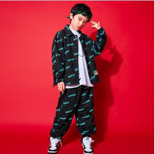 Kids Cool Hip Hop Show Clothing Print Jacket Top Coat Tactical Cargo Pants for Girl Boy Jazz Dance Costume Clothes Street Wear