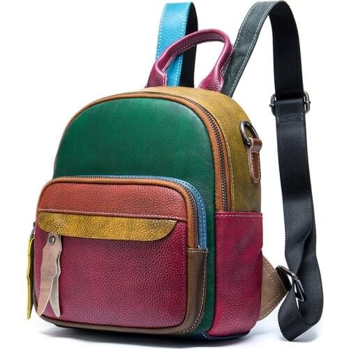 MAHEU Leather Mini Backpack Fashion Patchwork Backpack Colorful Bagpack of Female Laides Bag Real Cowskin Daypack Outdoor
