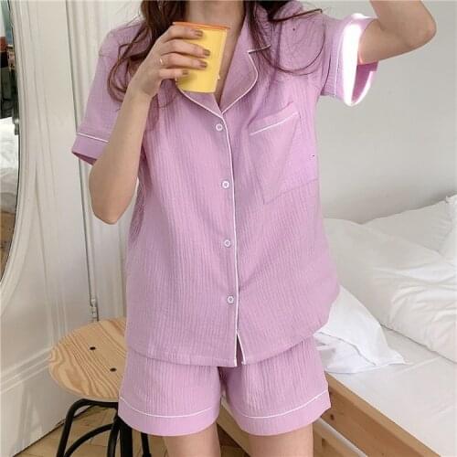 2021 New Summer Cotton Korean Pyjamas Women Home Short Sleeve Pajamas Suit Sweet Casual Solid Loungewear Sleepwear Plus Size