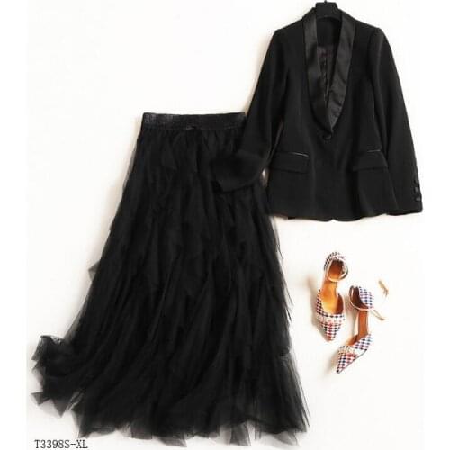 European style 2019 New arrivals summer Spring fashion women clothes solid color blouse + mesh skirt casual suit T3398