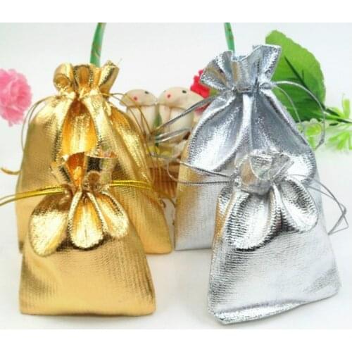 Wholesale Silver & Gold Gift Bag 13x18cm Candy Pouches Golden Drawstring Big Organza bags Christmas Party Pouch 100 pc/Lot
