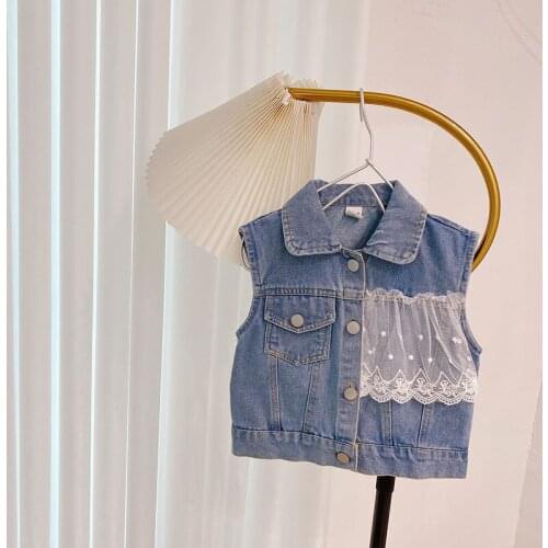 Autumn Childrens Denim Jeans Lapel Collar Sleeveless Lace Vest Waistcoat Girls Outerwear Jackets