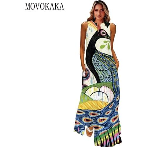 MOVOKAKA Peacock Print V Neck Dress Summer Holiday Beach Casual Elegant Vintage Dresses Woman Party Sleeveless Long Dress Women