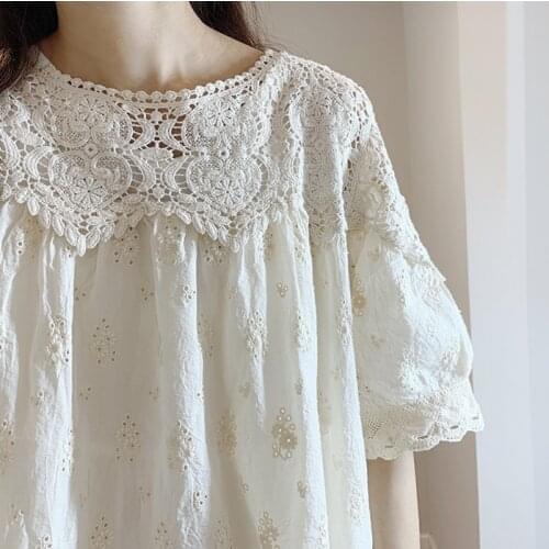 Japan Mori Girl Sweet Embroidery Hollow Out Medium Length Spring Summer Lace Oversized Vintage Midi Dresses Women Boho Clothing