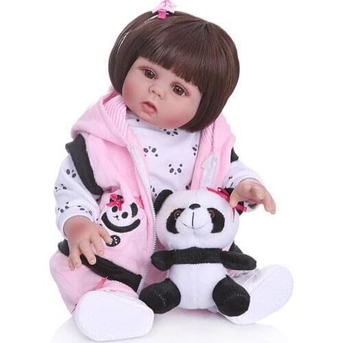 Straight hair 49CM bebe doll reborn toddler doll baby girl in panda dress full body soft silicone realistic baby bath toy