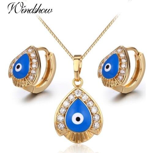 Yellow Gold Color Blue Evil Eyes Paved CZ Teardrop Pendant Necklace Hoop Earrings Jewelry Sets for Women Girls Kids Children
