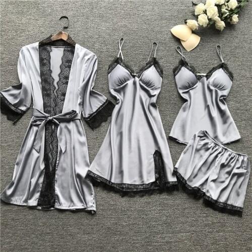 MECHCITIZ 4 Pieces Silk Robe Gown Set Nightdress Shorts Lace Satin Bathrobe Summer Sleepwear Lace Nightwear Lounge set For Women