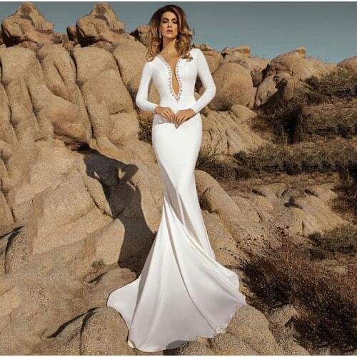 Smileven Mermaid Beach Wedding Dresses 2020 Long Sleeve Beaded Boho Bridal Gowns Illusion Back Wedding Gowns Plus Size