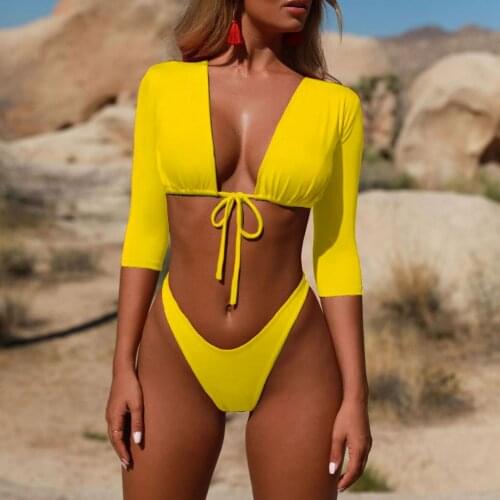 Sexy Half Sleeve Solid Bikini 2021 Mujer Women Lace Up Push Up Swimwear Female High Cut Brazil Bathing Suit Bathers Swimsuit