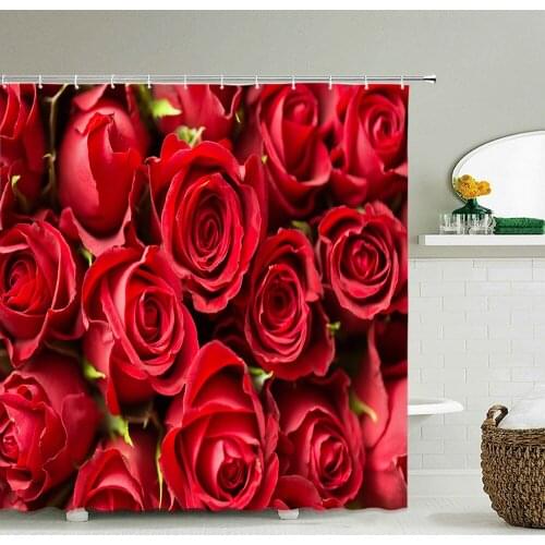 Red Rose Flowers Fabric Shower Curtain Bathroom Curtains Home Decoration Beautiful Floral Waterproof Bath Screen with 12 Hooks