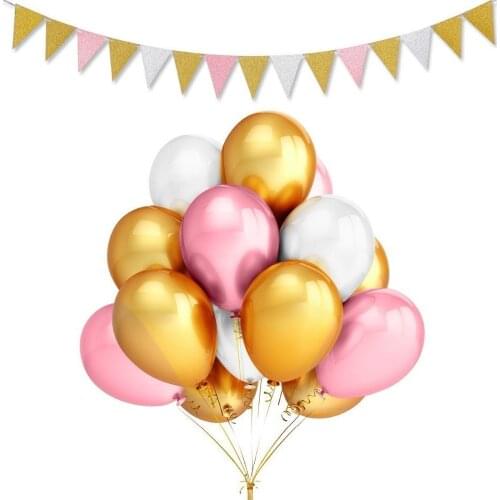 Party Decorations Balloons,50 Pack 12 Inches Latex Balloons (Gold & Pink & White) and Vintage Style Pennant Banner Party Decor
