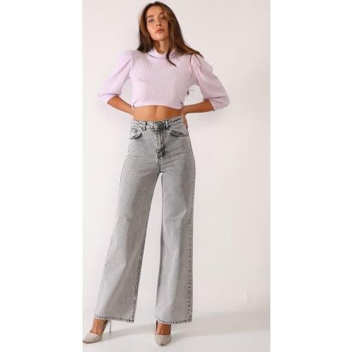 Woman, Jeans, Light Grey, High Waist, Loose Cut, Wide Leg, Stone Wash, Full Length, Cotton Denim Trousers, 2021 Spring Summer