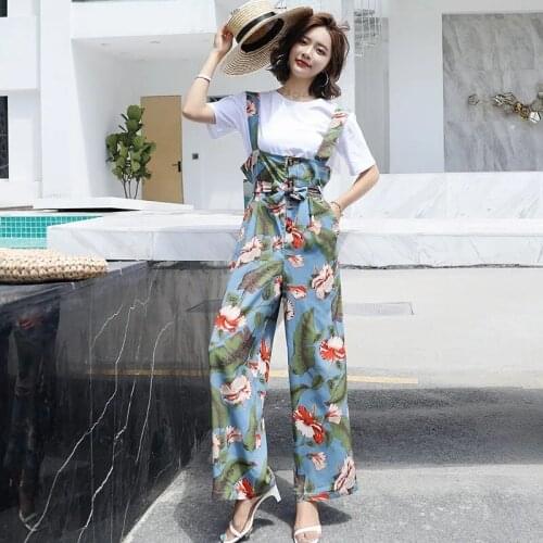 Womens Summer Suits New Fashion High-Waist Floral Chiffon Strap Wide-Leg Pants + White T-Shirt Two-Piece Sets