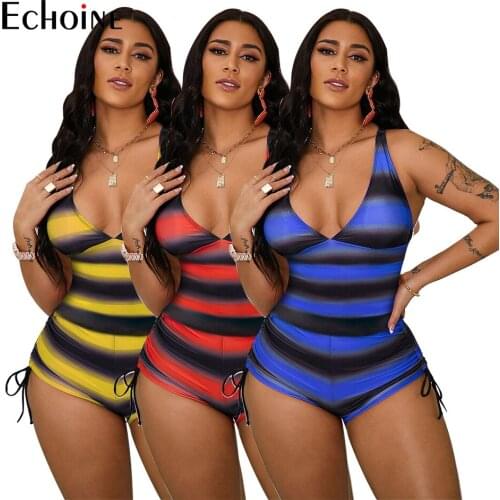 Echoine 2021 Women Playsuit stripe Gradient Summer Sleeveless V-neck Shirring Bodycon Playsuits Sexy Fashion Swimsuit Beachwear
