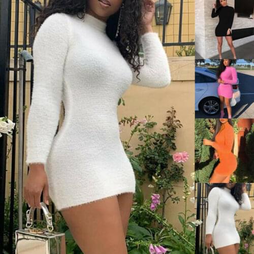 Women Ladies Turtleneck Bodycon Long Sleeve Knitted Sweater Mini Dress Winter Fall Warm Party Casual Jumper Pencil Short Dress