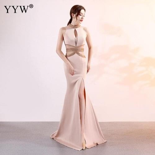 2020Sexy Halter Crystal Beaded Bust Waist Mermaid Dress Mesh Hollow Out Split Evening Dress Elegant Party Long Dress