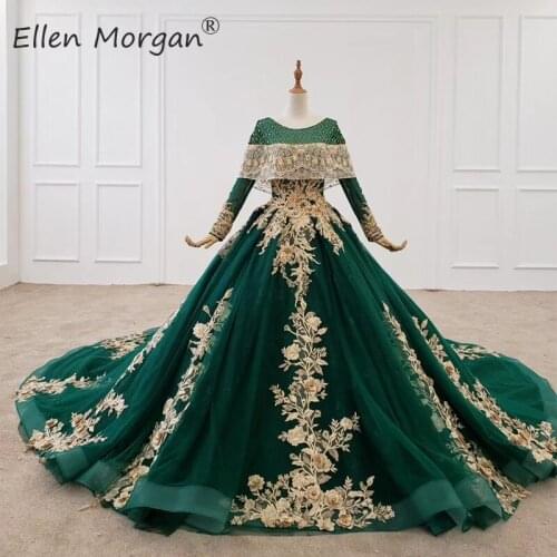 Vestidos De Novia 2020 Vintage Muslim Long Sleeves Bridal Gowns Lace Dark Green Boat Neck Long Court Train Puffy Weding Dresses