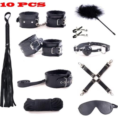 10pcs PU Leather BDSM Sex Bondage Set Erotic Accessories Adjustable Handcuffs Whip Rope Sex Toys for Couples Adult Games