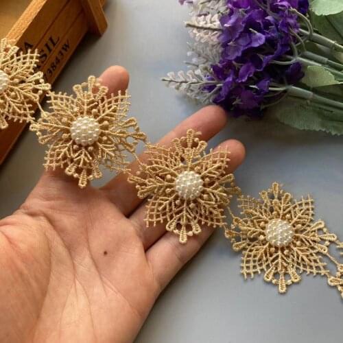 20X Gold Pearl Flower Handmade Beaded Embroidered Lace Butterfly Snowflak Trim Ribbon Applique Wedding Dress Sewing Craft New